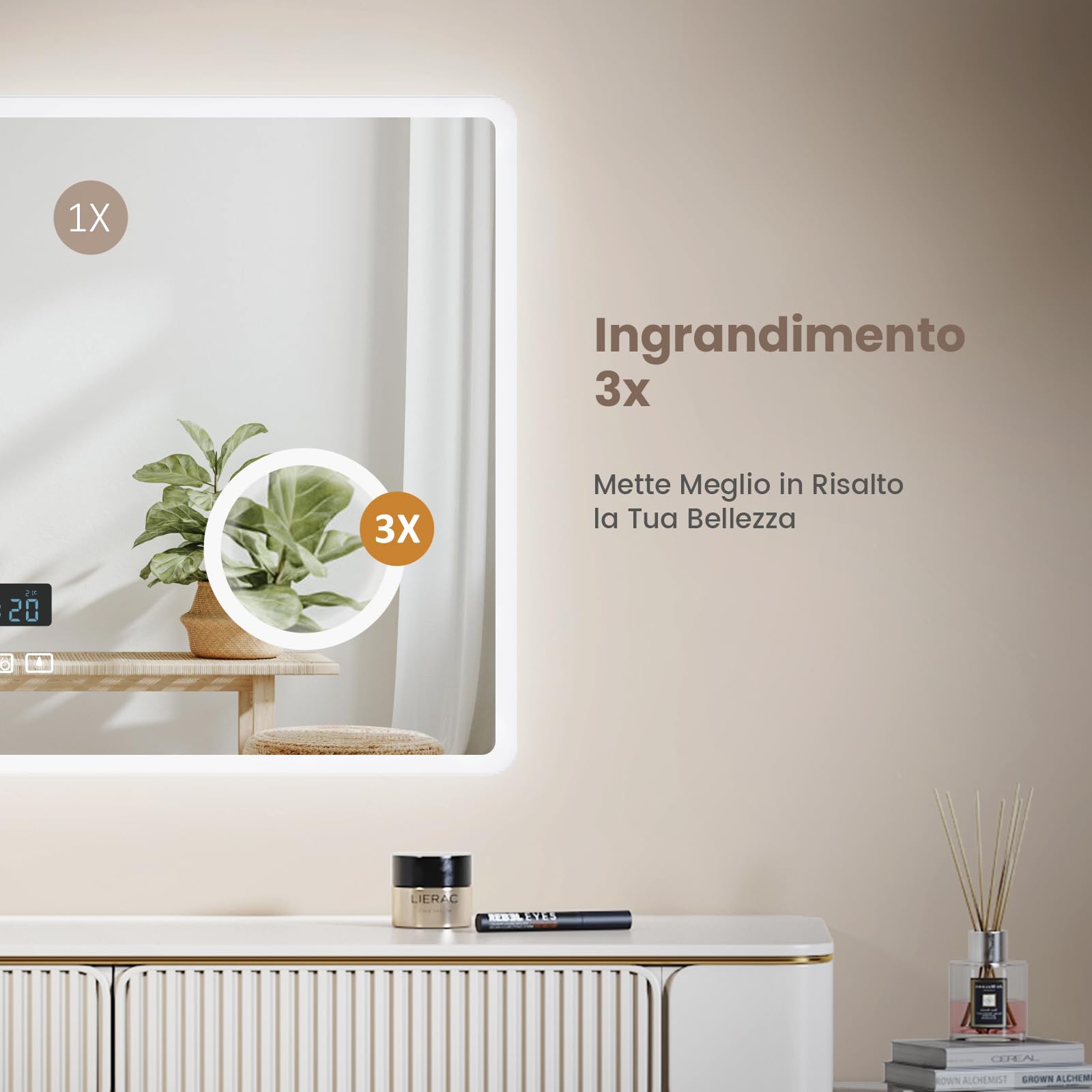 EMKE Specchio Bagno con Luce 80 x 60 cm, Bluetooth, Interruttore Tattile | Antiappannamento e Orologio e 3 Volte Lente D'ingrandimento, Luce Dimmerabile e Variabile