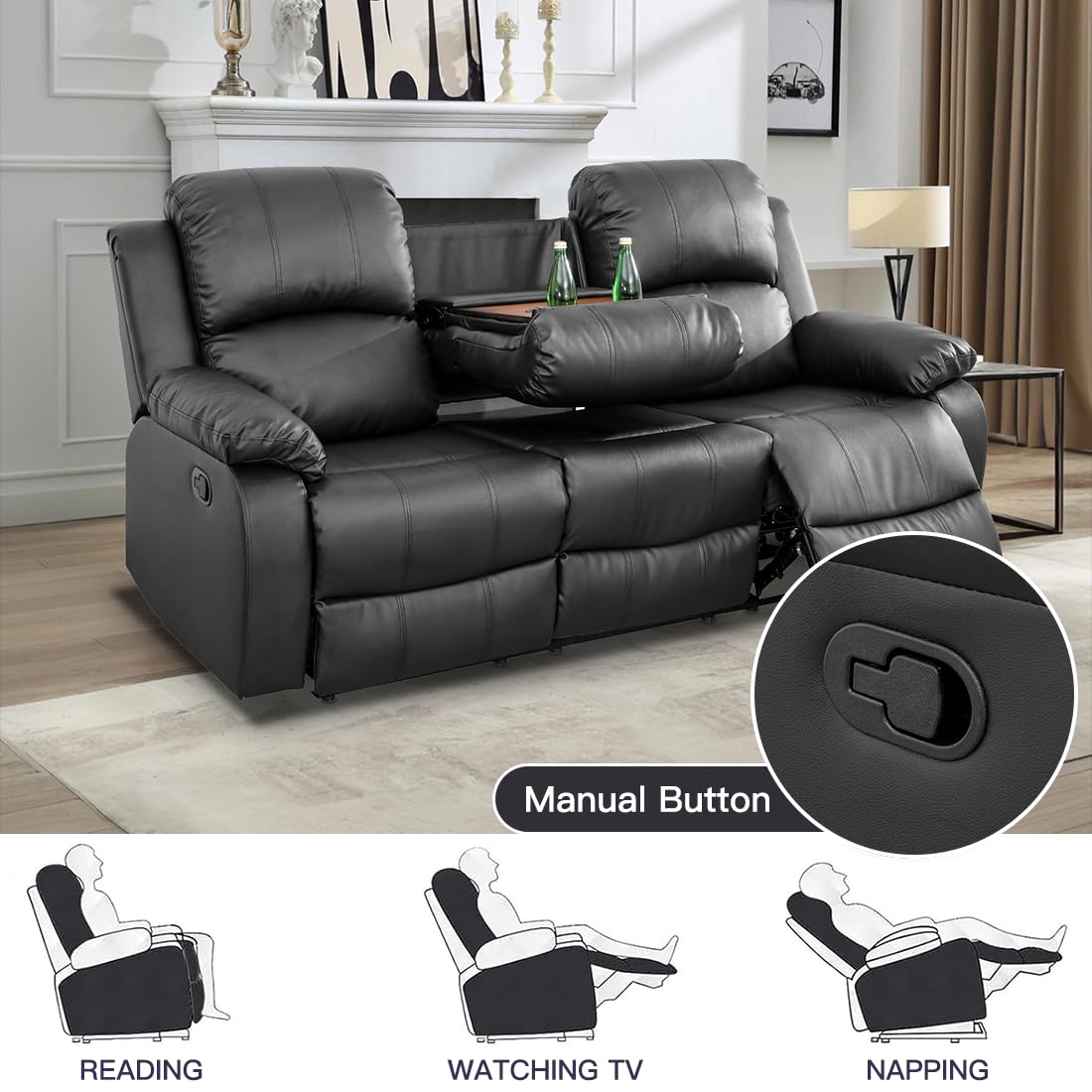 Toseslo Living Room Furniture Set, Manual Reclining Sofa Set,Black Leather Recliner Couch Sets with Drop-Down Table, Recliner Sofa with Storage Console/Cup Holder for Living Room/Apartment view 5