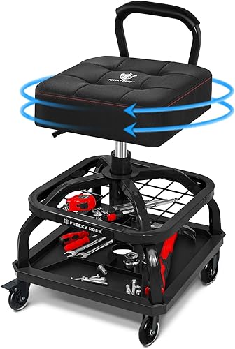 Rolling Shop Taburete con ruedas, silla de taller mecánico de garaje con respaldo de asa, taburete de trabajo de altura ajustable, asiento