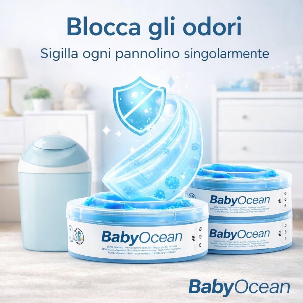 BabyOcean - ricarica compatibile per Tommee Tippee per sistema di smaltimento pannolini, compatibile con il Twist&Click e Sangenic TEC. 7 strati Anti-odore 10 metri di lunghezza. (4pz)