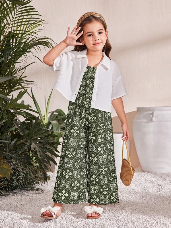 PABROS Girls Summer Two-Piece Set, Olive Green Floral Print Jumpsuit with White Cropped Shirt, Cotton Blend Resort Wear (3-4 Years) 4