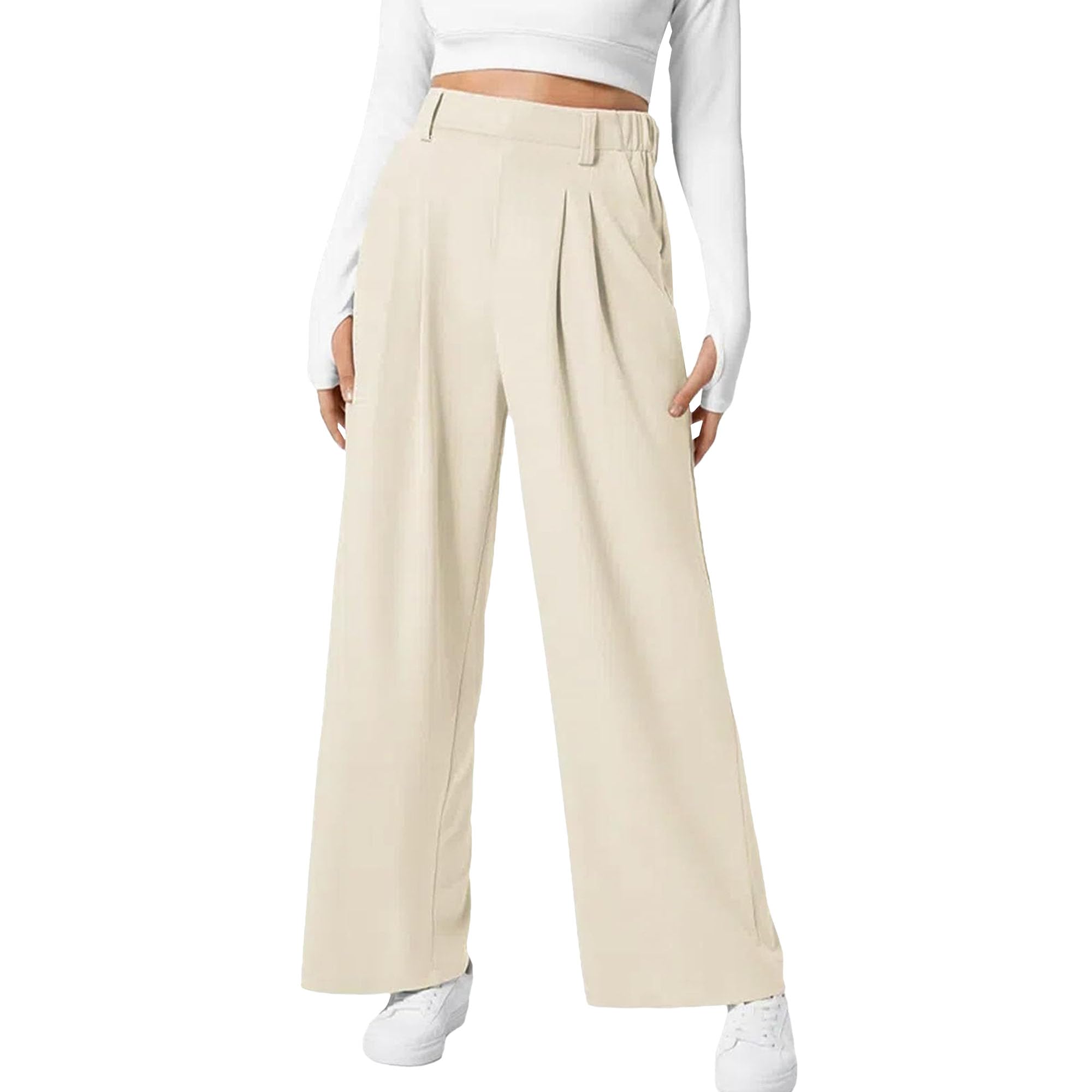 Womens Wide Leg Pants Elastic High Waisted Waffle Knit Casual Palazzo Pants Trousers with Pockets