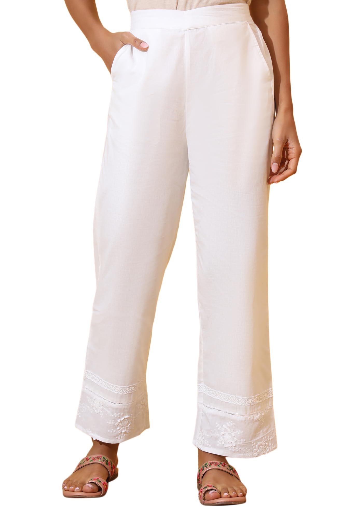 elleven Women's Solid Schiffli Embroidered Pure Cotton Palazzo Pants-picture-24