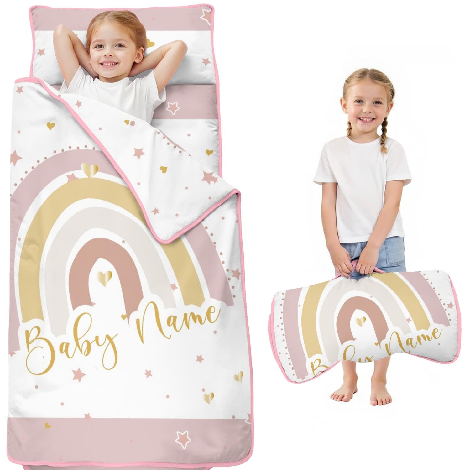 Personalized Name Toddler Nap Mat for Daycare, Customized Boho Rainbow Kids Sleeping Bag with Pillow and Blanket for Preschool Kindergarten Travel, Toddler Nap Sack for Girls
