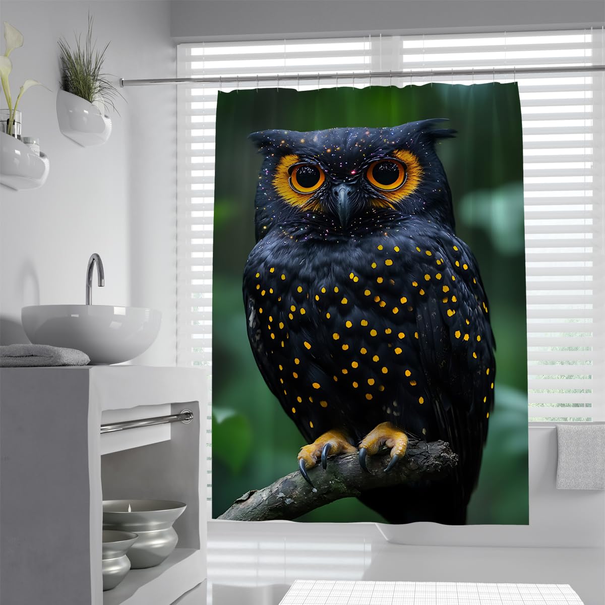 UERWOWELL Gothic Avian Predator Shower Curtain Golden Speckles Eagle Owl Bath Curtain for Bathroom Decoration Waterproof Polyester Fabric with Hooks W200xL200 cm