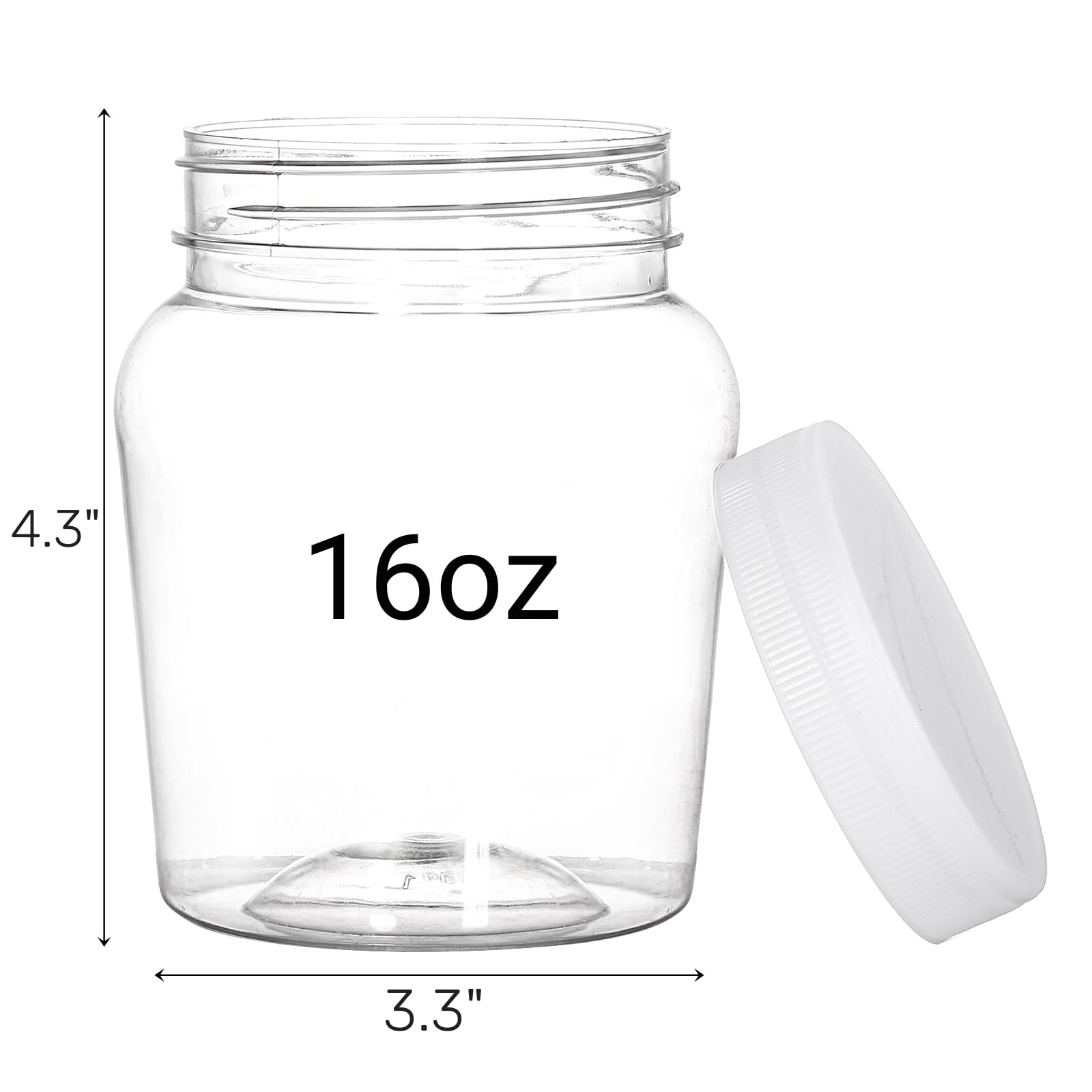 Goaste Paquete de 12 tarros redondos de plástico transparente, contenedor de almacenamiento vacío de 16 onzas, tarro de dulces recargable para el hogar con tapa hermética, cilindro pequeño de tapas de