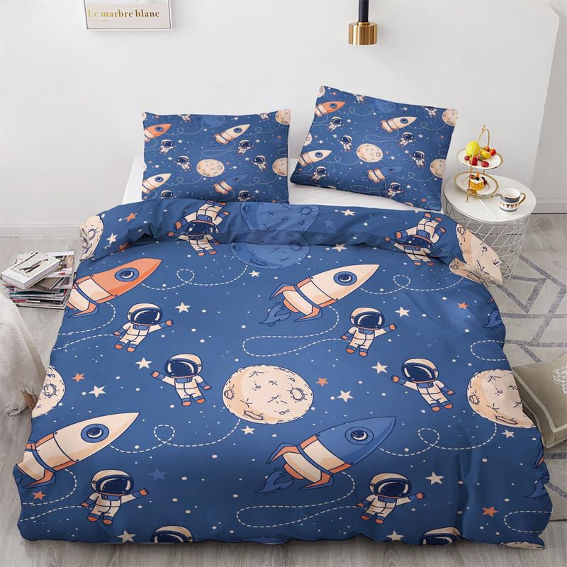 Funda Nordica Cama 105 Astronauta Cohete, Funda Edredon 200x200 cm y 2 Fundas de Almohada 50x75 cm,Dibujos Animados Estampado Reversible, Juego de Ropa de Cama de 3 Piezas Y&-6855
