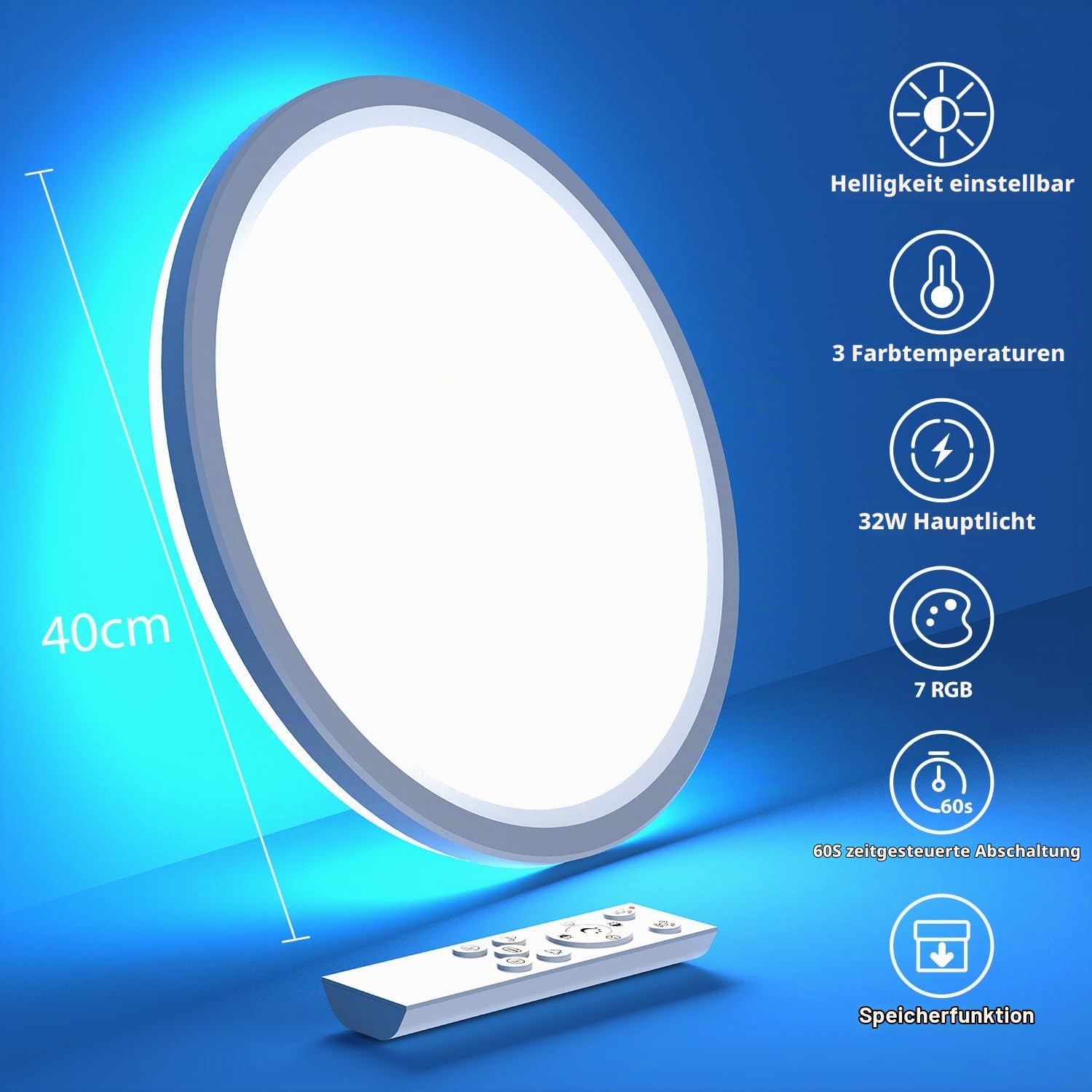 slochi LED Deckenleuchte Dimmbar mit Fernbedienung, 40CM RGB Farbwechsel Deckenlampe Led, 3000K-6500K Badezimmer Lampe für Bad Kinderzimmer Schlafzimmer Wohnzimme-Rund Weiss