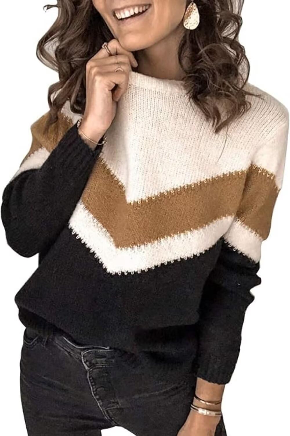 FEKOAFE Womens 2025 Deep V Neck Sweaters Striped Long Sleeve Knit Pullover Sweaters for Women