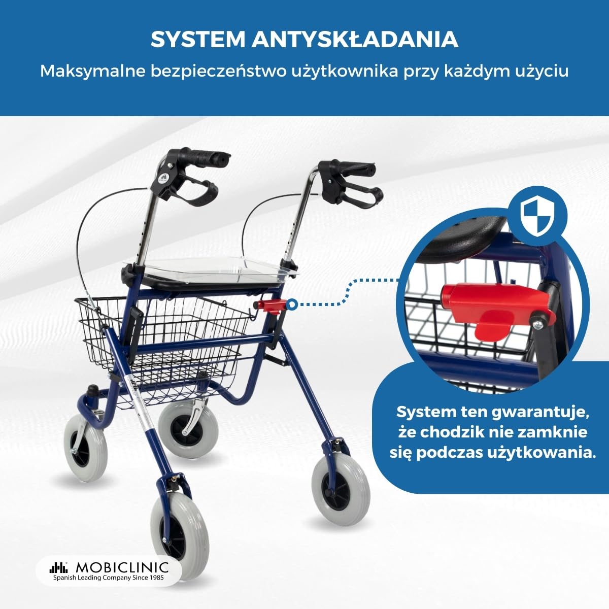 Mobiclinic, Rollator dla seniorów, Victoria, Składany, Aluminium, Regulacją wysokości, Wyściełanym siedziskiem i oparciem, Hamulce z dźwigniami, Taca kosz, Starszych, 4 kółka, Lekki