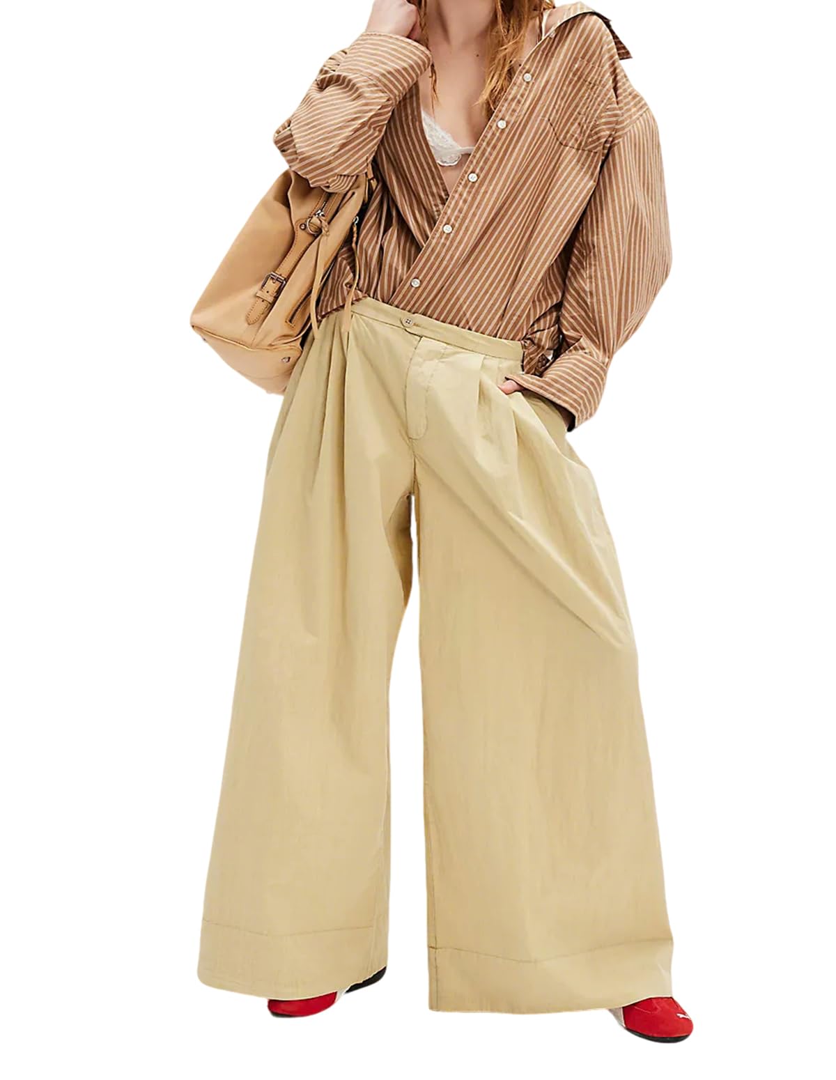 Womens Loose Wide Leg Pants Casual Solid Pleated Pull-On Trousers with Pockets