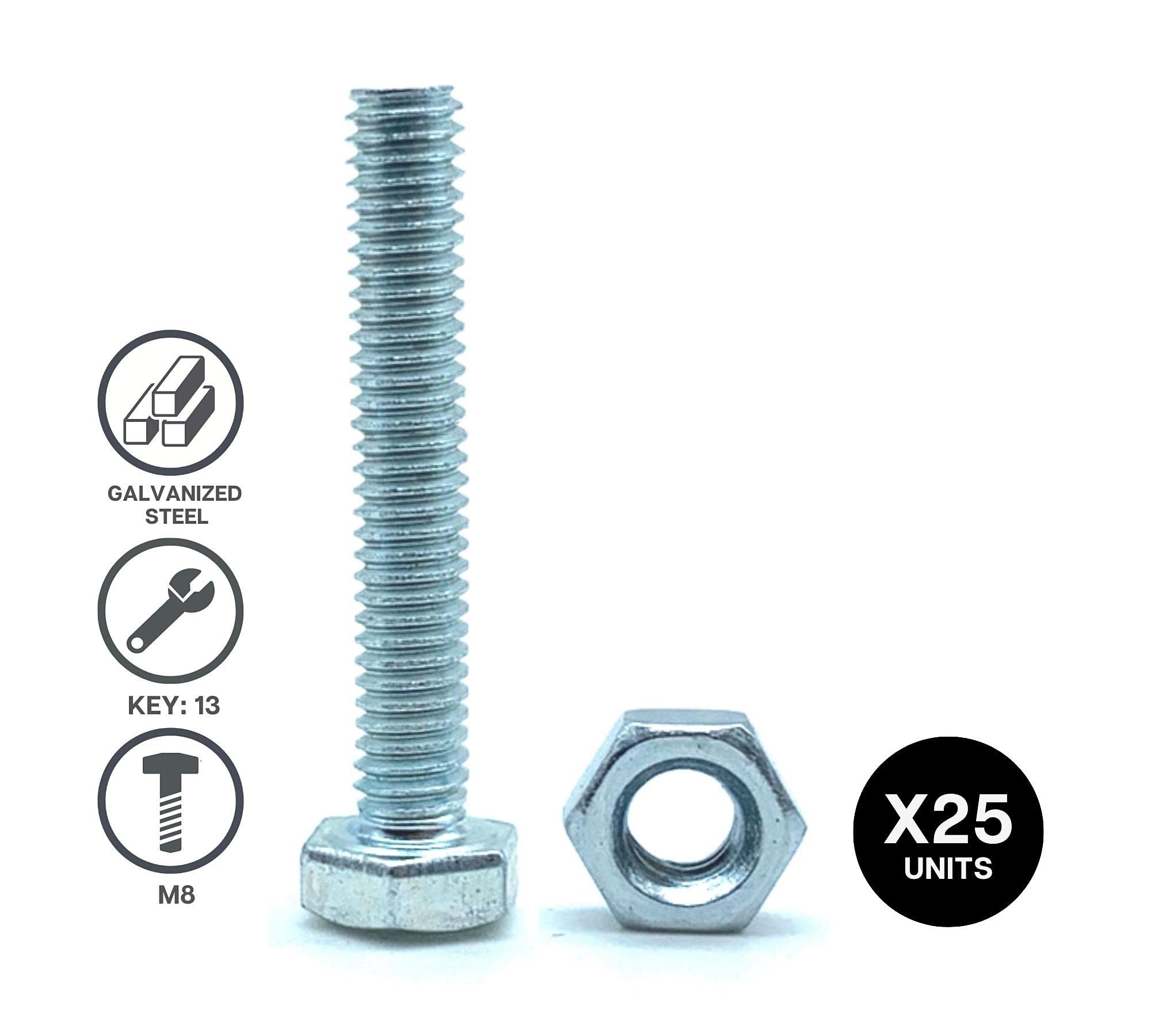DOJA Barcelona | Tornillos con Tuerca | 25 Tornillos Hexagonales con 25 Tuercas | M8x80mm | en Acero Galvanizado | Tornillos y Tuercas, Tornillo Roscado y Tuerca, Pernos Con Tuerca, Cabeza Hexagonal