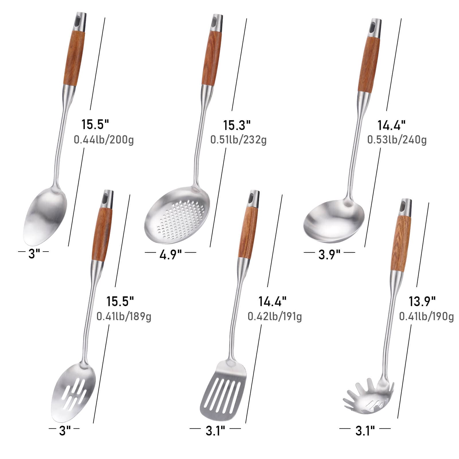 304 Stainless Steel Kitchen Utensils Set with Wood Handle - 15â€? Long Metal Cooking Tools, Solid Spoon, Slotted Spoon, Slotted Spatula Tunner, Skimmer, Soup Ladle, Spaghetti Spoon, 6-Piece Large Spoons