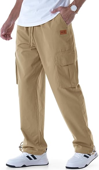 CANGHPGIN Mens Casual Cargo Pants Relaxed Fit Outdoor Hiking Pants Men Drawstring Cotton Joggers Sweatpants with Pockets