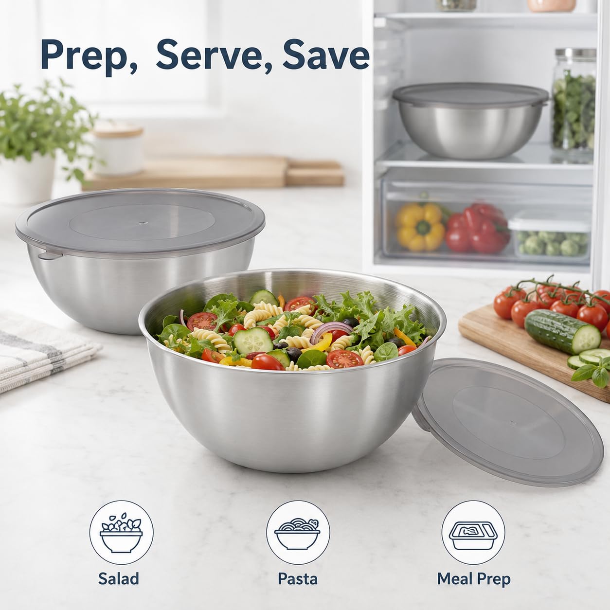 Cuencos de acero inoxidable con tapa, juego de 4 para cocina, pasta y ensalada | Aspecto de metal cepillado, cocina y pastelería, apilable con protección, para reposar masa, preparación y nevera