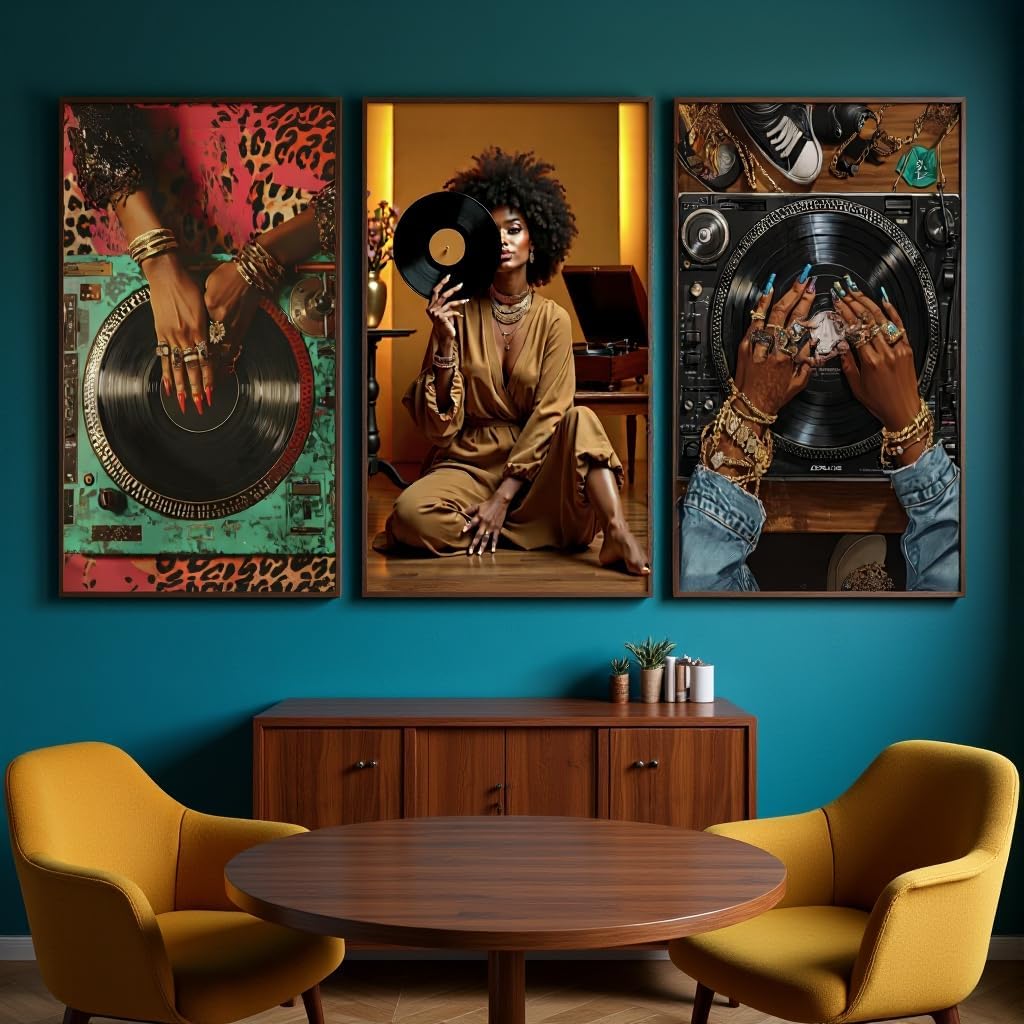3 Pcs Fashion Black Woman Wall Art Trendy Abstract Black Girl Canvas Poster Prints Pictures Paintings with Record Player Music Theme for Living Room Bedroom Wall Decor Unframed