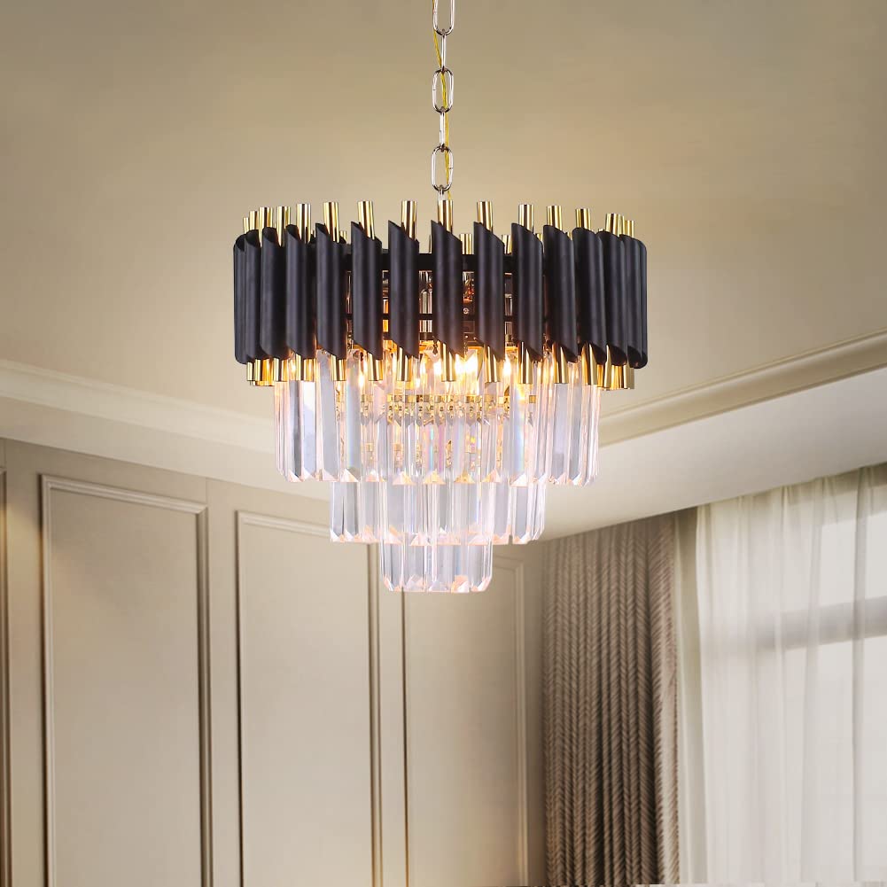 FRIXCHUR Moderne Kristall Kronleuchter 3-Tier Kristall Kronleuchter Licht 15,7 '' Schwarz und Gold Pendelleuchten für Wohnzimmer Küche Insel Foyer E14x5 Glühbirne (nicht enthalten Glühbirne)…