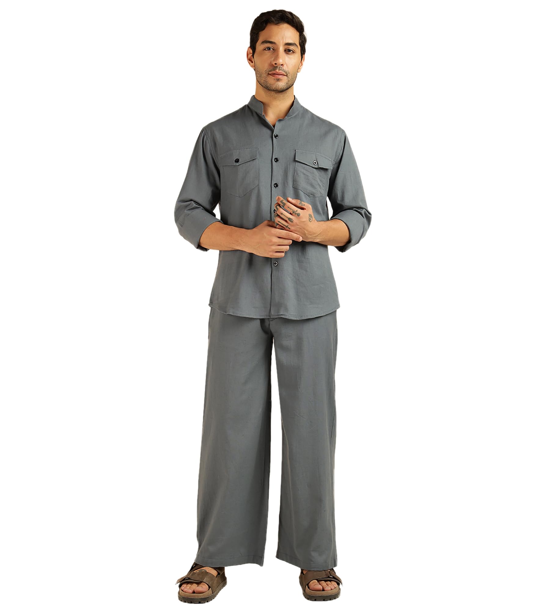 Men's Striped with Solid Pure Cotton Co-Ord Set For Men|2 Piece Sets|Trouser & Shirts Combo|Vacation Dress|Casual|Latest|New (Grey)-image-5