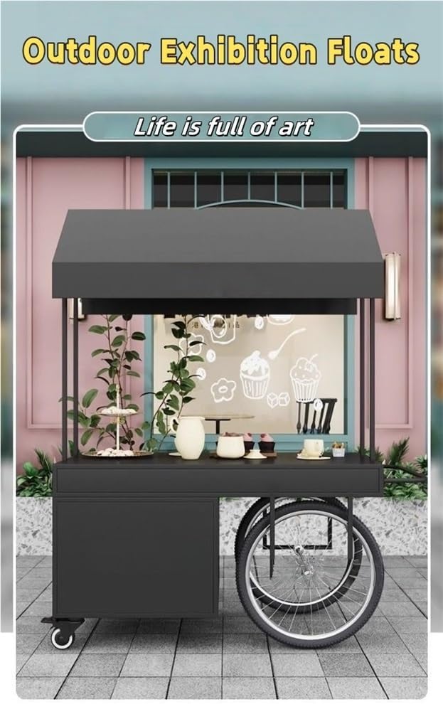 4-Wheel Portable Mobile Dining Cart, Creative Iron Market Stall with Sunshade Canopy and Storage Box Portable Vendor Stand for Outdoor Events, Markets & Street Food(Black)