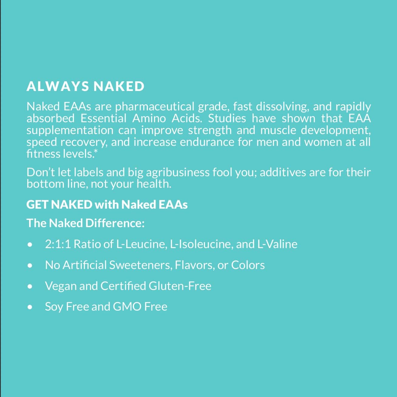 Naked EAAs Amino Acids Powder - 50 Servings - Vegan Unflavored Essential Amino Acids 500 Grams - Instantized All Natural EAA Powder Supplement