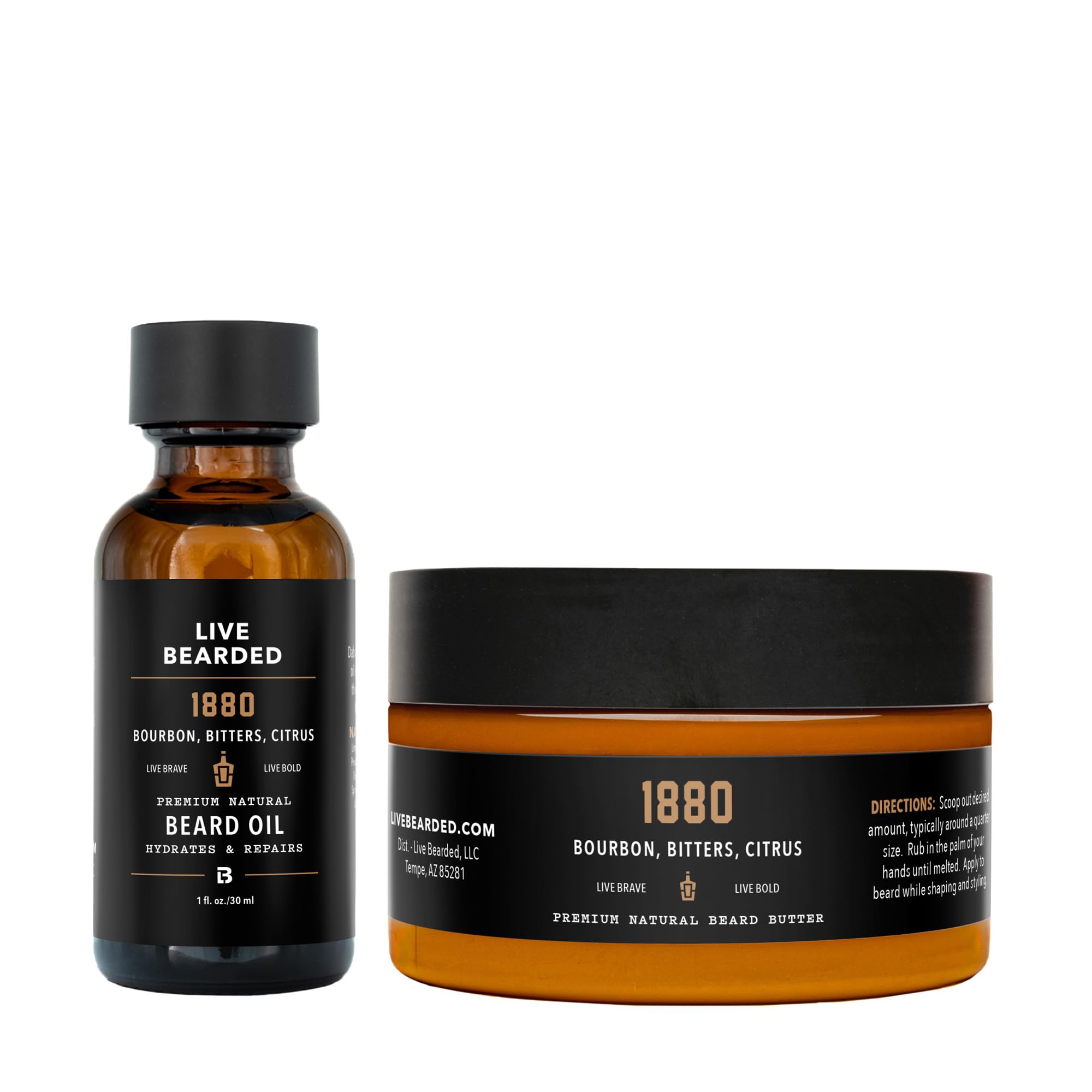 Live Bearded Beard Oil and Butter Grooming Kit - Made in the USA - All-Natural Ingredients with Shea, Argan, Jojoba - Growth Support | 1880 Scent - Bourbon, Bitters, Citrus