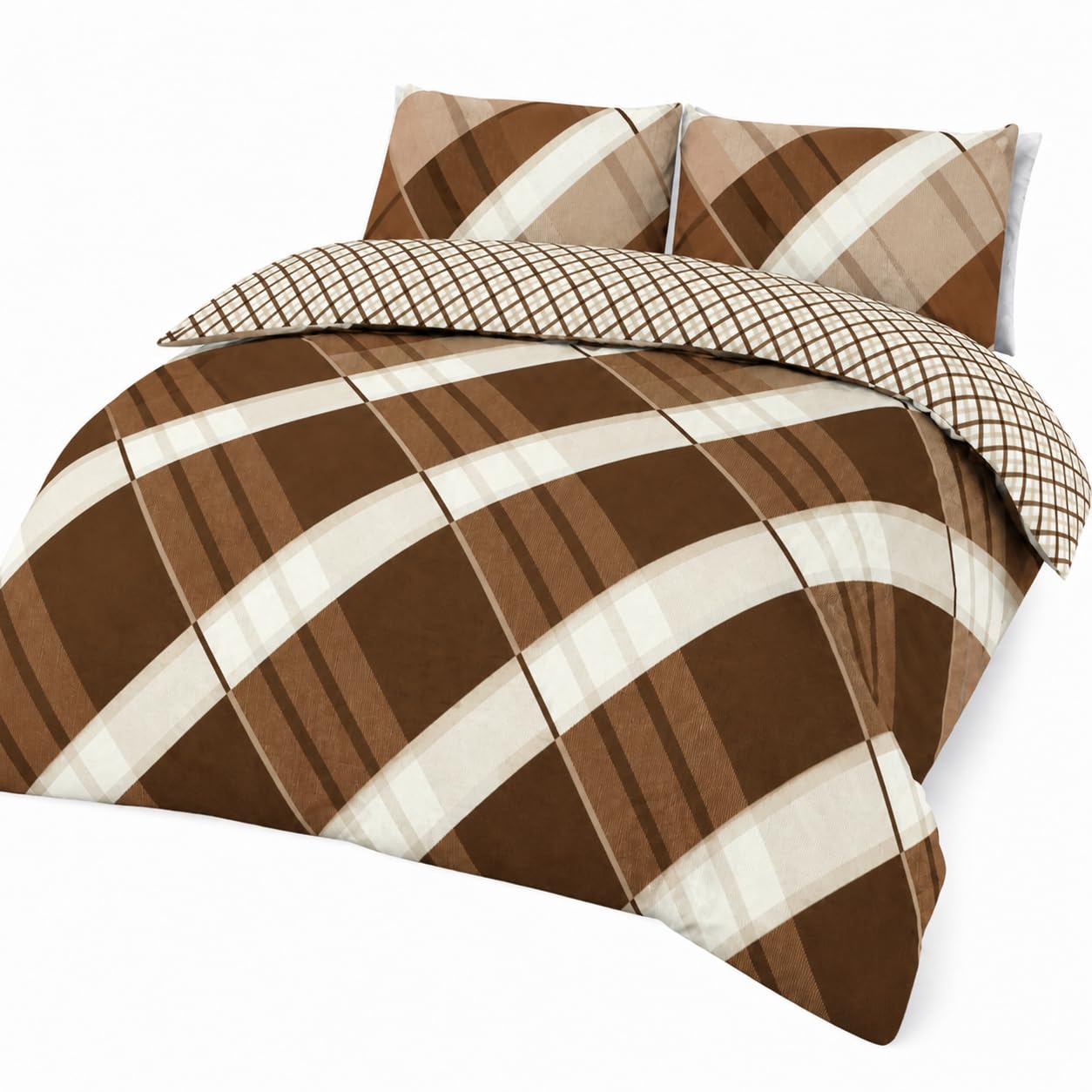 Nightzone Hardy Brown Luxury Polycotton Printed Effect Hardy Check Striped Duvet Cover With Pillowcases Bedding Set (, Double)