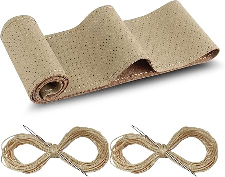 Car Genuine Leather Steering Wheel Cover, DIY Sewing with Needle and Thread, Breathable, and Anti-Slip, Universal 15 Inch Car Steering Wheel Stitching Wrap Beige, Hole