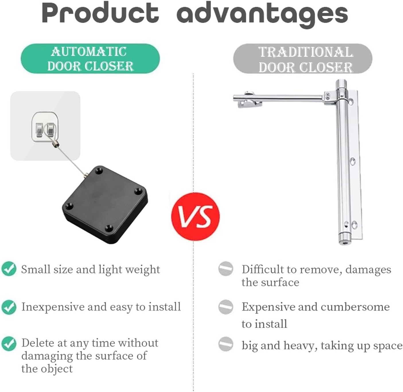 Automatic Door Closer, 5 Pcs 500g-800g Tension Automatic Door Closer No Punching Sliding Door Closing Device for Household(White800g)