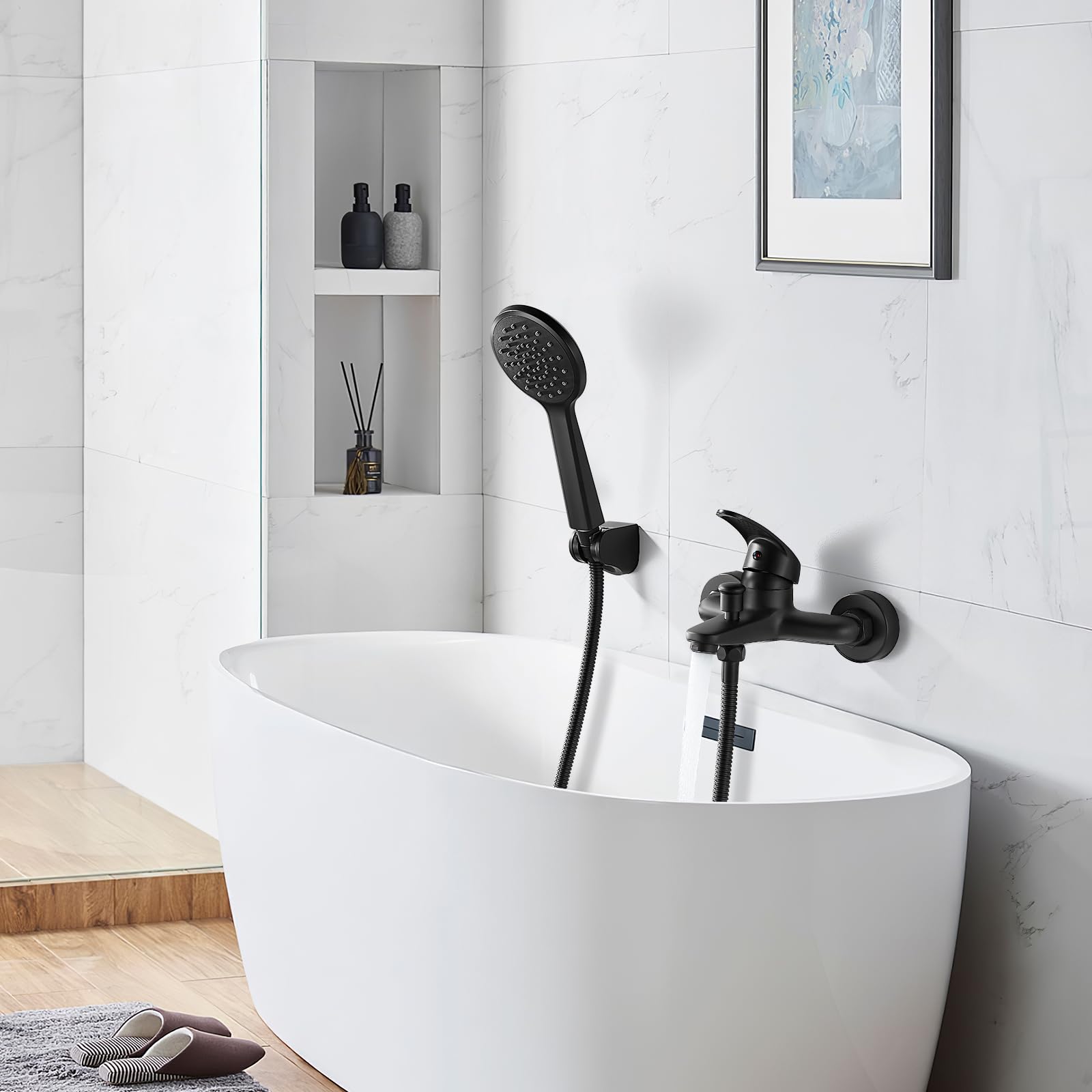 Robinet de Baignoire Noir, Mitigeur de Baignoire Noir avec Douchette et Flexible de Douche (1.5m) Support, Mitigeur monocommande de Douche Mural, Robinet Douche Universel Filetage G1/2