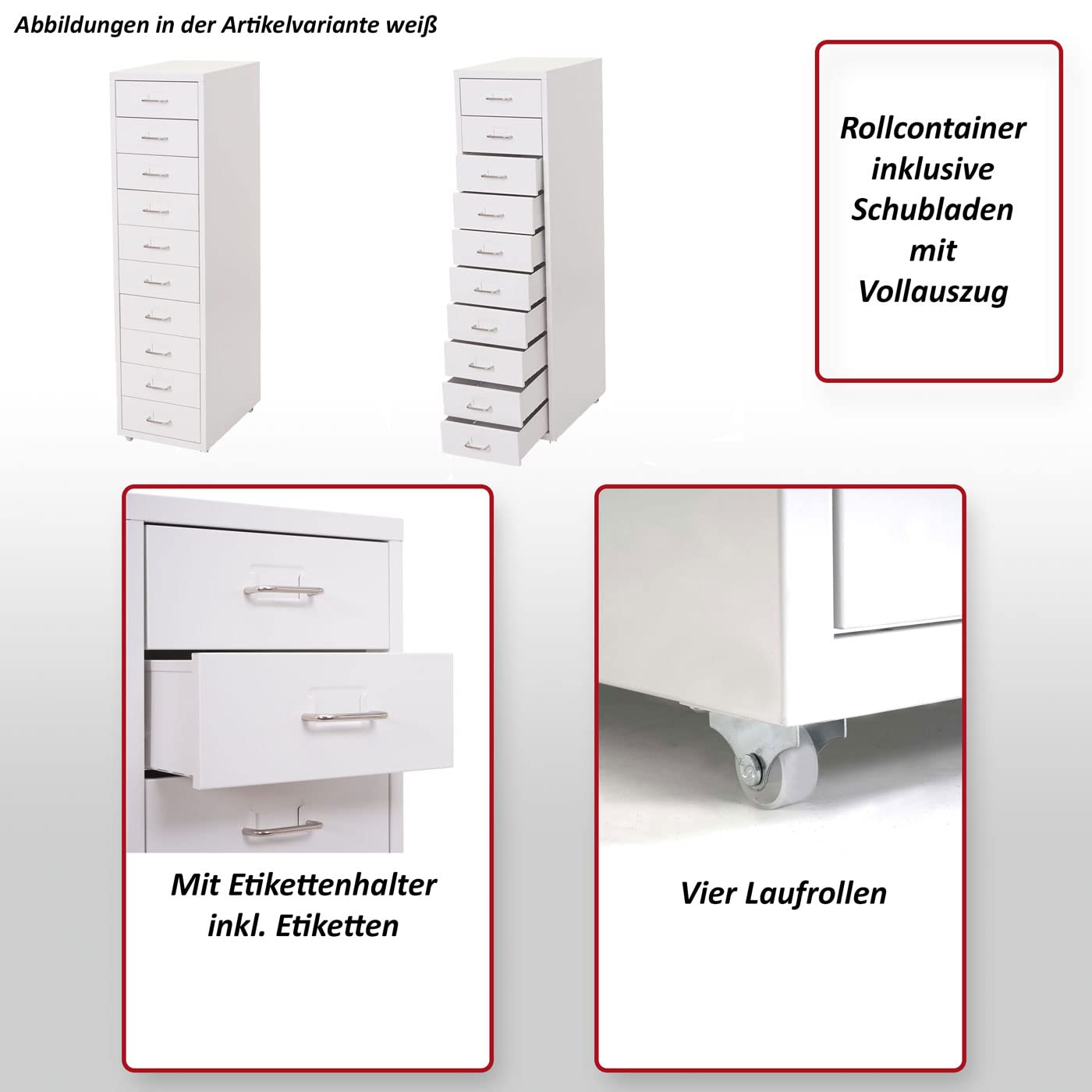 Mendler Rollcontainer Boston T851 110x28x41cm - weiß | Schubladenschrank Stahlschrank, 10 Schubladen