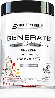 Cutler Nutrition Generate EAA and BCAA Powder: Best Branched Chain Amino Acids Supplement with Essential Amino Acids, 5g BCAAs, 2g EAAs for Lean Muscle Mass | Sour Rainbow Candy, 30 Servings