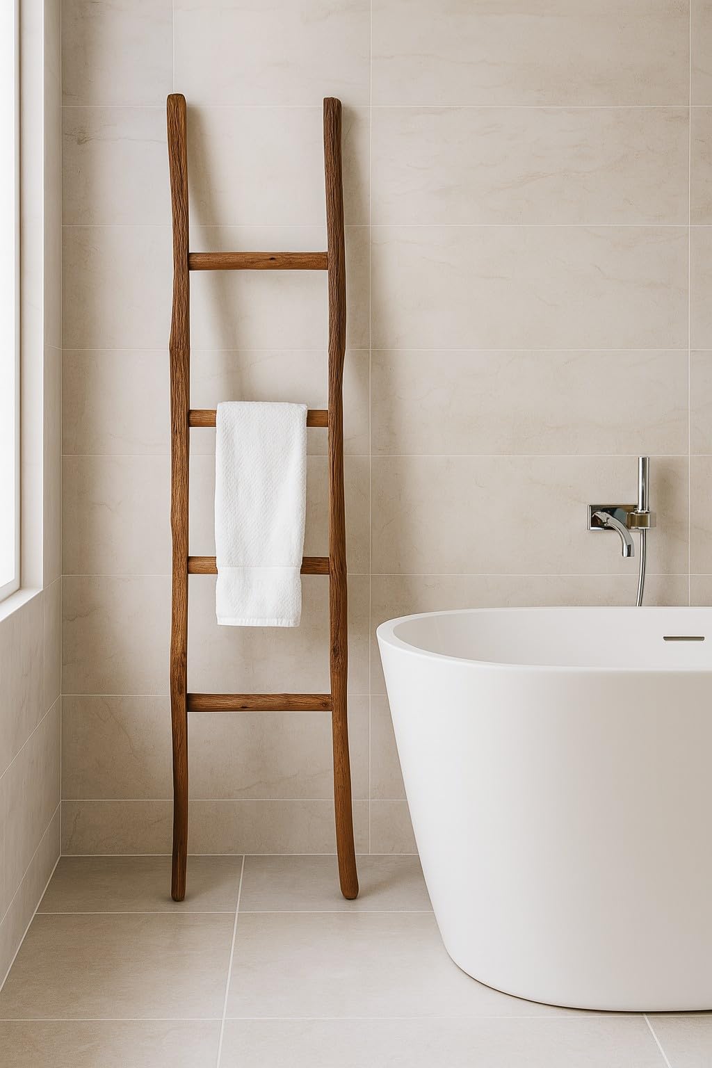 Biscottini Escalier porte-serviettes de bain 39 x 7 x 132 - Escalier décoratif en bois - Escalier en bois - Escalier porte-serviettes - Porte-serviettes mural en métal, Bambu