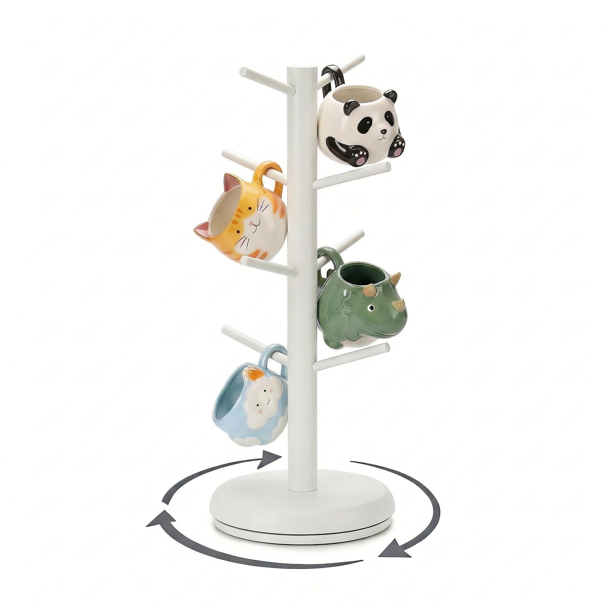 BAMBANG Wooden Mug Tree 8 Mugs Metal Base,Rotating Counter Top Cup Holder Bamboo, Coffee Mug Holders for Kitchen,Mug Stand Rack Hanger Organiser White
