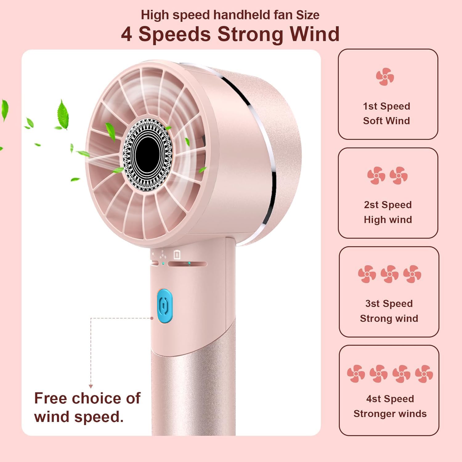 COZOME Handheld Fan, 7000RPM Turbo Portable Fan with 16H Battery, 4-Speed USB Rechargeable Mini Fan, Pink, 5.7x2.1x1.7 inches - Image 2
