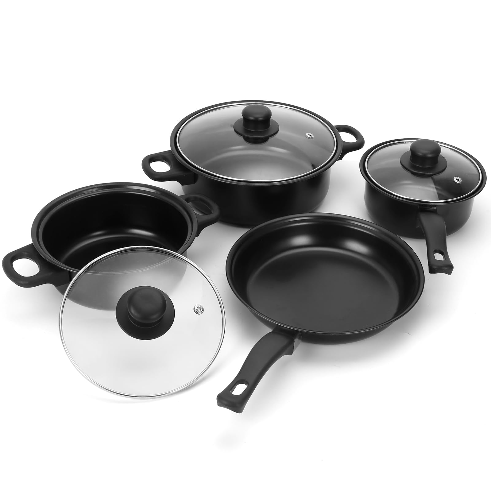 Pleasthome NonStick Cookware Set, Portable Lightweight Cast Iron Pots and Pans with Glass Lids