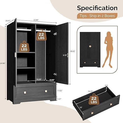 Miniatura 2 de VINGLI Armario de Guardarropa con Puertas, Armario de 38" de ancho, Armario de Guardarropa con Cajones y Barra Colgante, Armarios de Dormitorio de