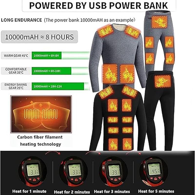 Zestaw Bielizny Podgrzewanej Elektrycznie Odzież Motocyklowa Męska Polarowa Koszulka Termoaktywna 18-strefowa Podgrzewana Bielizna Zewnętrzna USB (Color : Black, Size : XXL)