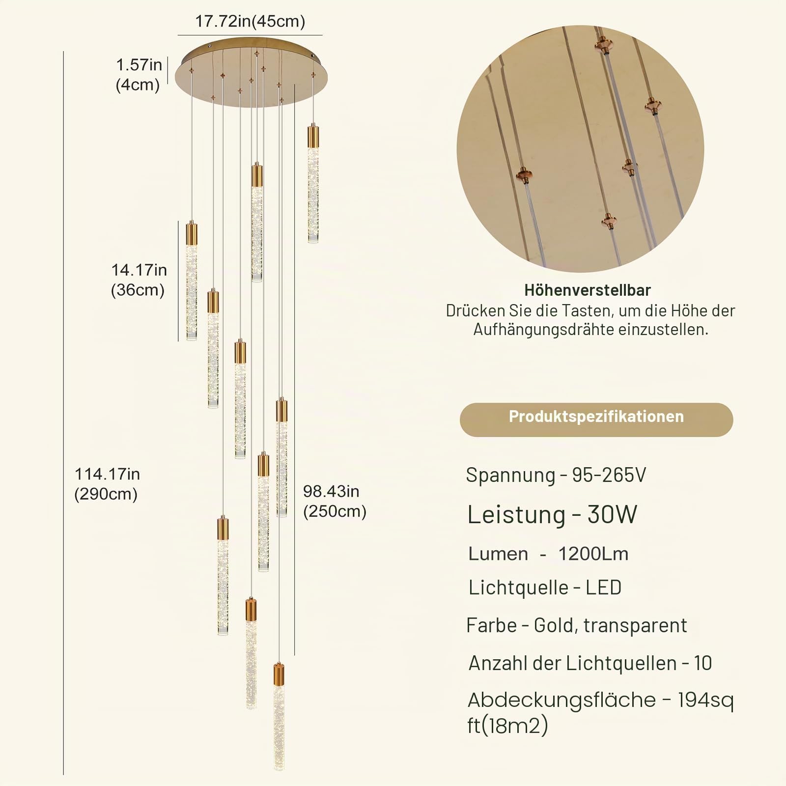Qcyuui Gold Kristall Pendelleuchte, Dimmbare LED Treppenhauslampe | Modern-Minimalistische Deckenleuchte für Hohe Decken, Wohnzimmer und Esszimmer,Extra Groß und Höhenverstellbar