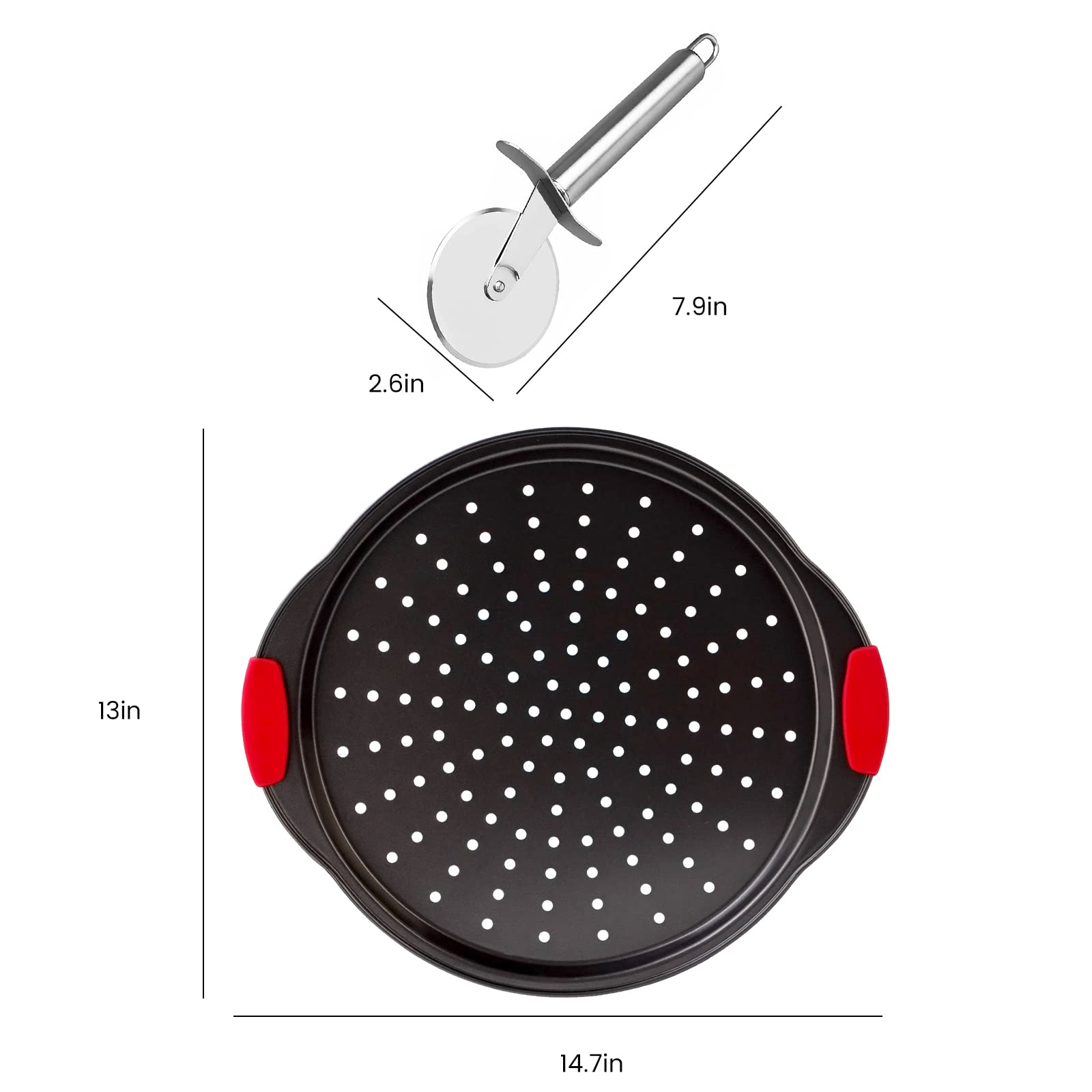 Yenmoz 13 Inch Non-Stick Pizza Pan Oven Tray With Silicone Handle, Carbon Steel Non-Stick Pizza Tray with Perforated Holes, Round Pizza Crisper Baking Pan Pizza Steel for Oven-2 Pack