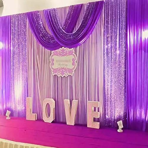 Miniatura 5 de Cortinas de tela de seda para decoración de escenario de boda, para bodas, cumpleaños, eventos (violeta), 20 x 10 pies