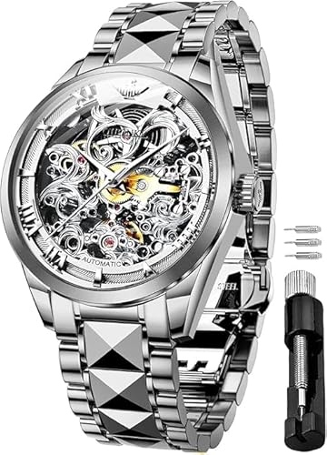OUPINKE Hombres esqueleto relojes mecánicos de lujo automático con cuerda automática cristal de zafiro impermeable tungsteno acero correa, 3168: Correa plateada y esfera plateada, Pulsera