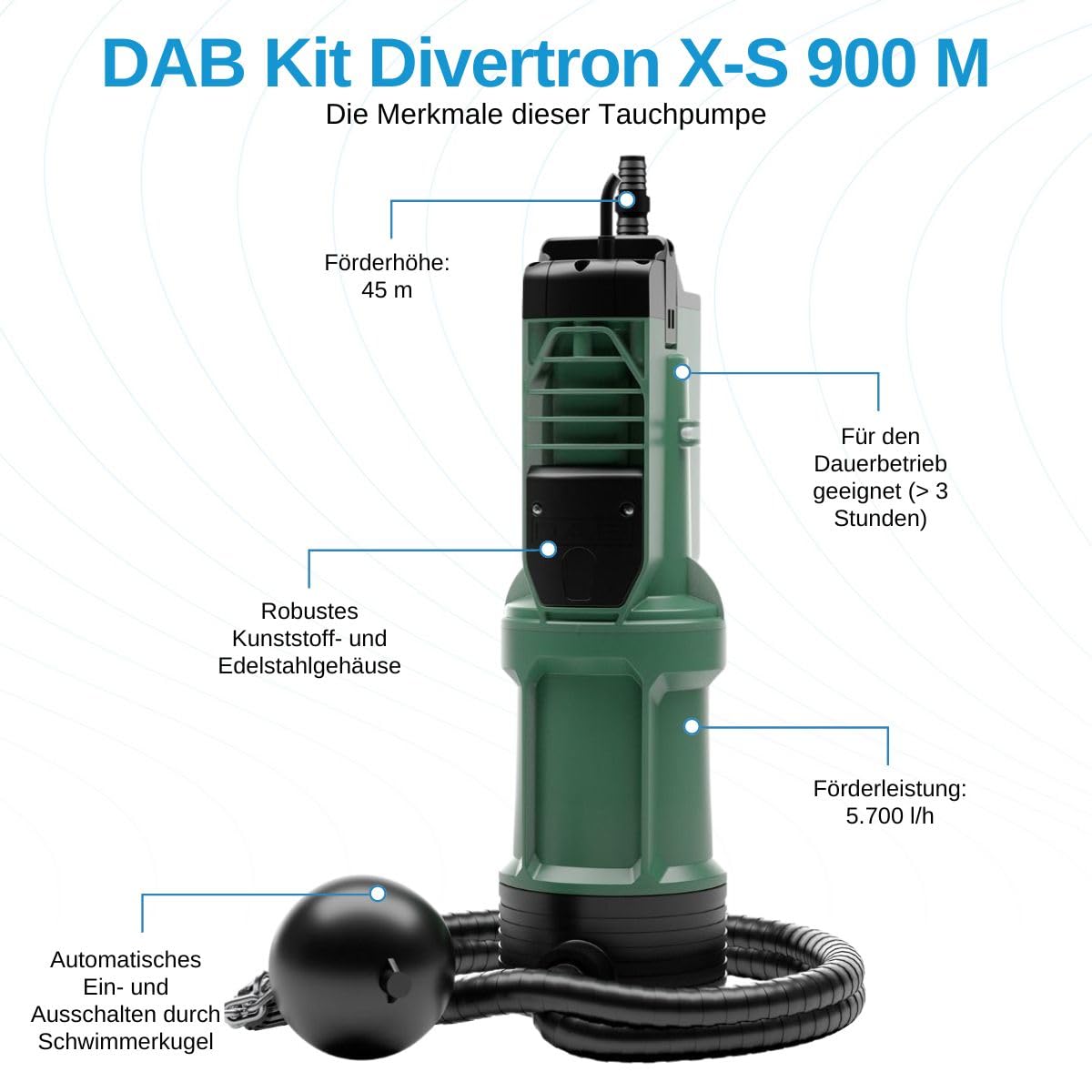 DAB Kit Divertron X-S 900 M Tauchdruckpumpe - 5.700 L/Std. - 920W - Förderhöhe 45 m - Automatische Ein- / Ausschaltung - Brunnenpumpe - Tauchpumpe