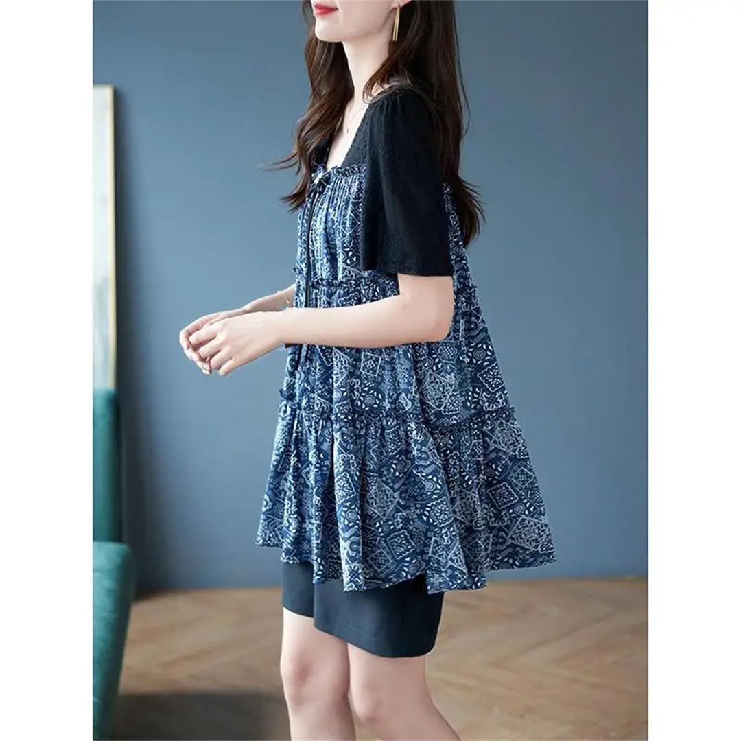 Camicette da donna vintage stampate con fiocco impiombato finto due pezzi camicette floreali estate sciolto casual top