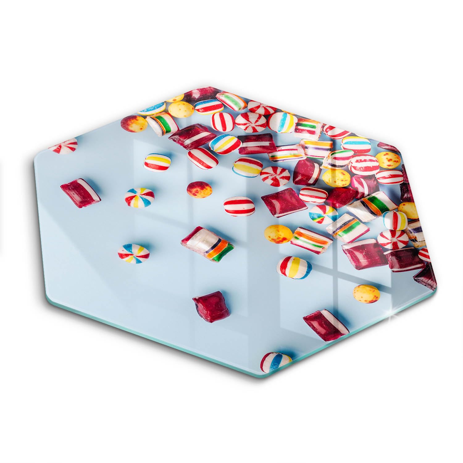 Planche à découper Wallfluent 40cm en forme hectagonale motif bonbons colorés