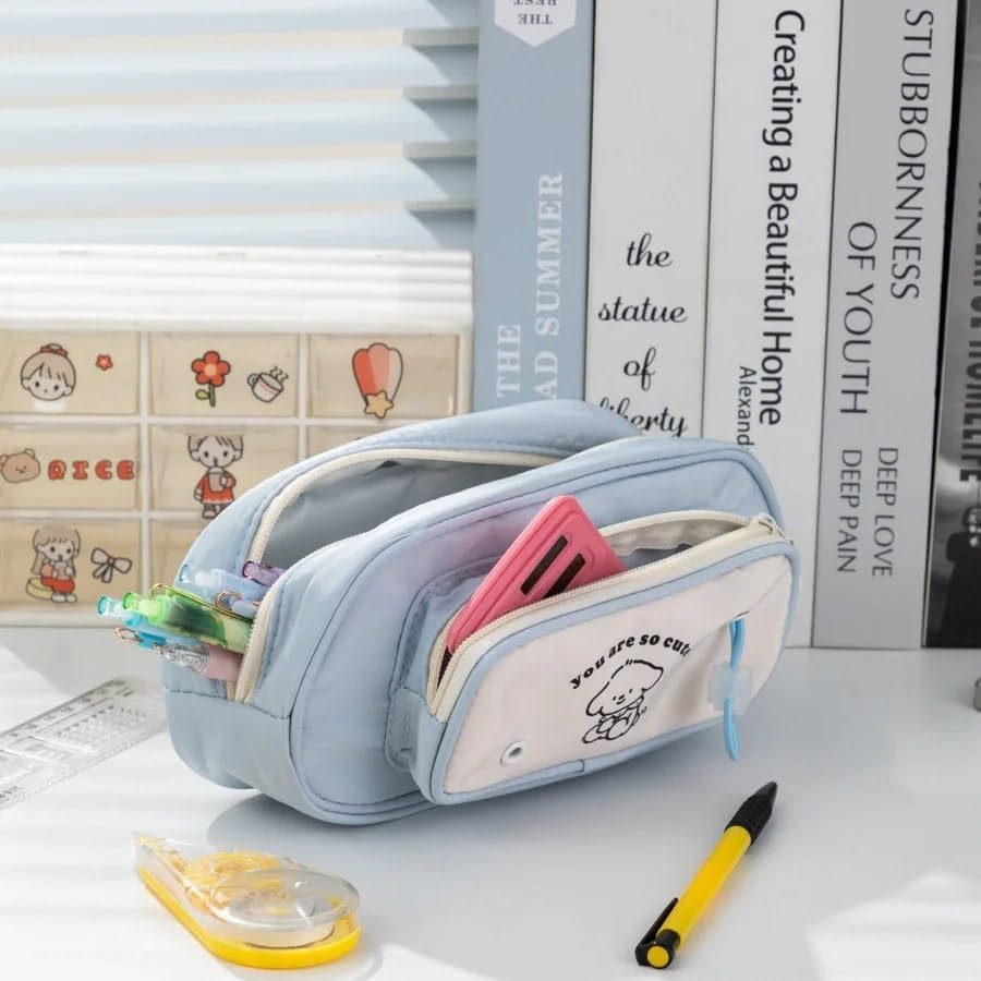 Image of Canvas School Bag Pencil Case, 3 Layer 6 Compartment Large Capacity, Aesthetic Pencil Pouch for Stationary, Cute Stationery for Kids, Pencil Case for Girls & Boys (Blue Cream)