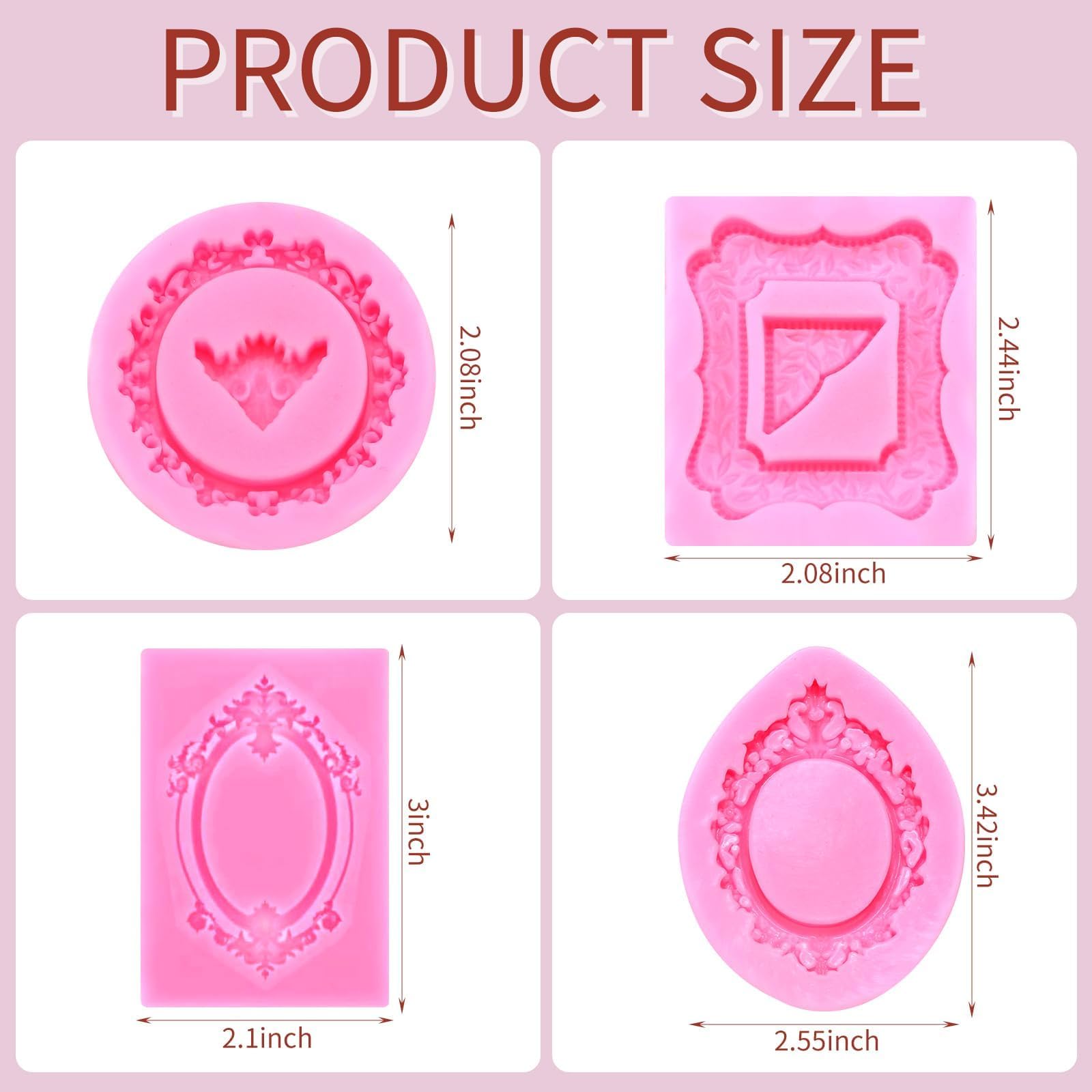 4-Piece Clay Moulds for Art and Craft, Silicone Mould for Clay Art, DIY Sugar Cake Baking Mold, Retro Relief Pattern Photo Frame Round Square Frame Shaped Silicone Mold 1