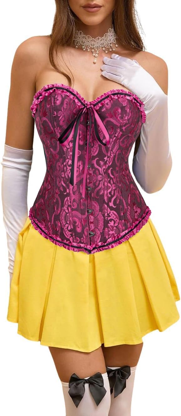 Women's Lace Up Corset Boned Floral Overbust Lingerie Bustier Bodyshaper Top S-6XL - Image 7