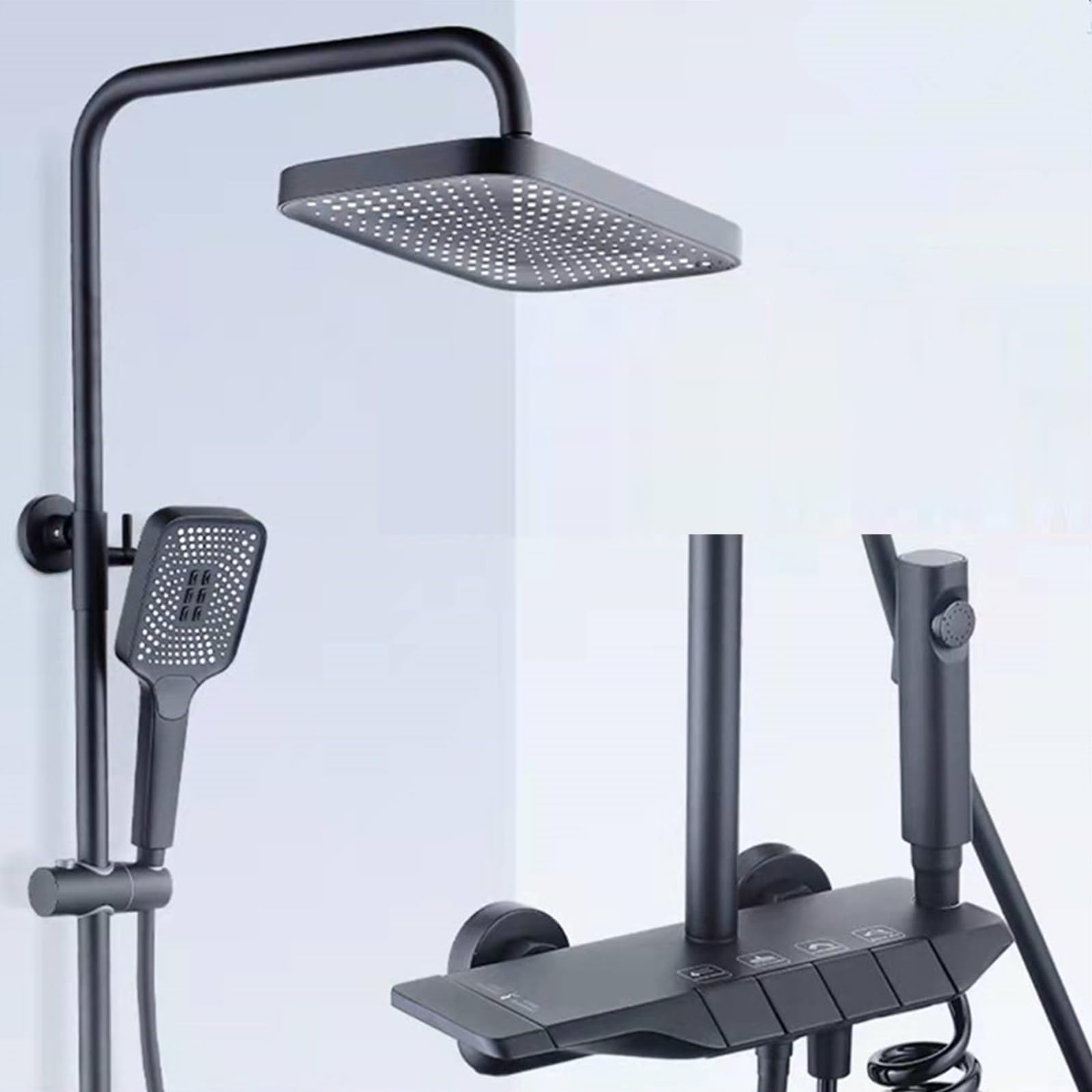 Set Miscelatore termostatico per Doccia, Sistema Regolabile in Altezza, Rubinetto per Vasca a 4 funzioni con soffione Quadrato e doccetta ad Alta Pressione a 3 modalità (Nero)