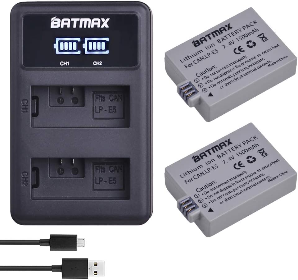 2x Batteria Caricabatteria (USB/Auto/Corrente) Per Canon LP-E5 / EOS 450D, 500D, 1000D / Rebel T1i, XS, Xsi - Foto 5