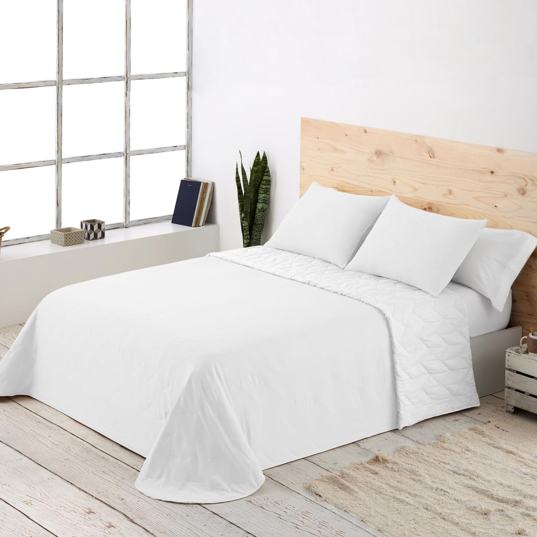 Plain Reversible White Embroidered Bedspread Bed 135 cm - 235 x 270 cm